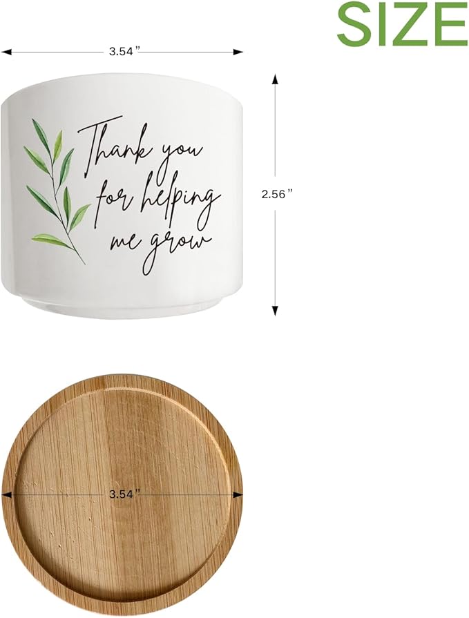 Thank You for Helping Me Grow Succulent Cactus Planter Pots with Bamboo Tray, Office Kitchen Home Windowsill Indoor Tabletop Decor, Gift for Friends Mom Teachers Plant Lovers