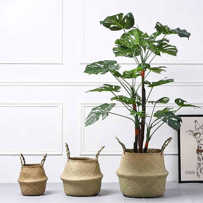 Daxin Seagrass Wickerwork Basket,Rattan Foldable Hanging Flower Pot Planter,Woven Dirty Laundry Basket, Storage Basket Home Storage Decor Basket