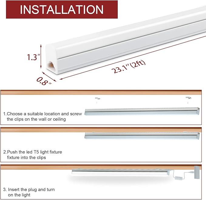 Kihung 8 Pack LED Shop Light Fixture 2FT 6500K 10W 1100LM, T5 Super Bright White LED Tube Strip for Garage, Workshop, Ceiling, Under Cabinet Light, Frosted Cover, Linkable, with ON/Off Switch