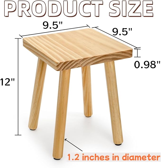 Goaste 9.5 Inch Wooden Step Stool, Solid Square Sitting Stools for Adults Kids, Multi-Purpose Short Chair Perfect Matched Sensory Table, 4-Legged Small Foot Rest Stool for Playroom, Kitchen, Bedroom