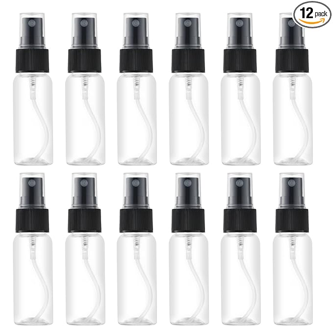 LISAPACK 1oz Small Plastic Spray Bottle (12 Pack) Empty Mini Fine Mist Travel Size Atomizer, Tiny Sprayer for Little Perfume, Water, Cologne, Alcohol, Samples (Clear, 30ml)