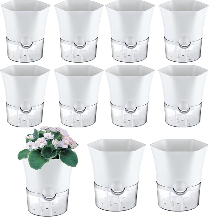 10-Pack 6" Clear Self Watering Pots for Indoor Plants Large Hexagon Self-Watering Planters Orchid Pots Plastic Wick Flower Plant Pots for African Violet, Spider, Herbs, Home Decor, White and Clear