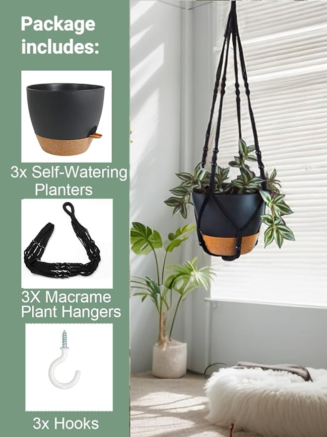 Bouqlife 3 Pack Self Watering Hanging Planters Macrame Plant Hangers with Indoor Flower Pots, 3 Different Size Hanging Basket, Plant Hanger with Hooks for Garden Home Decor Black