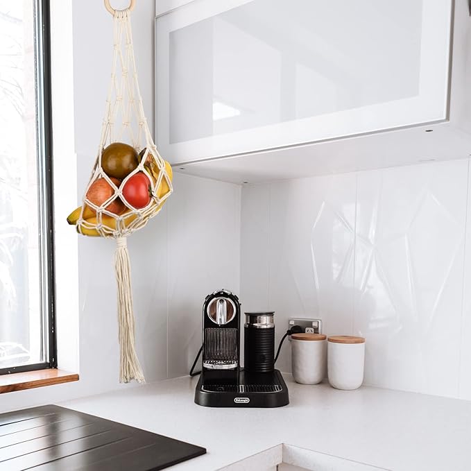 Beautyflier 2 Pieces Macrame Hanging Fruit Basket Wall Hanging Potato Onion and Fruit Boho Fruit Holder Net for Kitchen Decor (White)