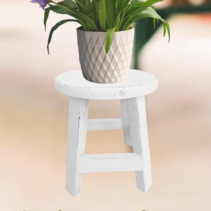 Wooden Stool Plant Stand Flowerpot Rack Round Rustic Small Display Stand Flower Shelf for Garden Office Table Home Decoration, White