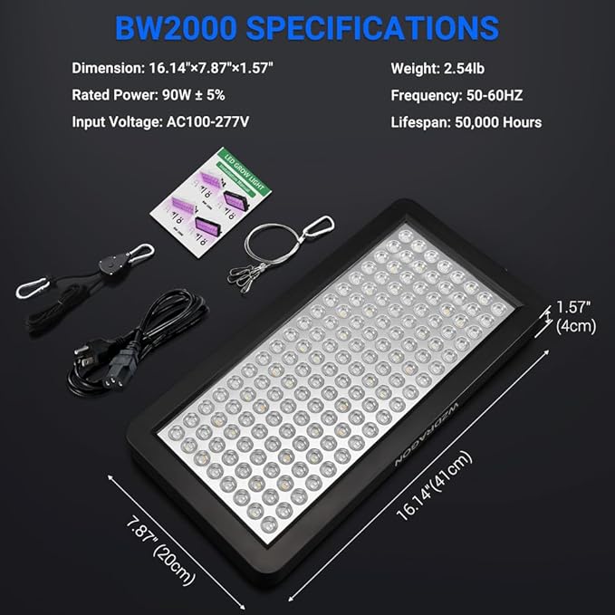 Upgraded BW2000 LED Grow Lights Double Chips Full Spectrum with 10ft Cable for Greenhouse and Indoor Plant Veg and Flower Growing [Black]