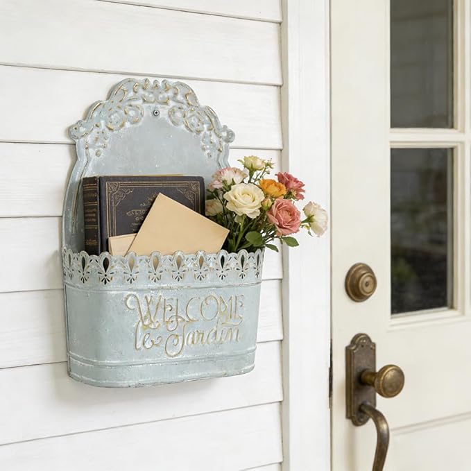 Metal Hanging Planters Wall Mount Planter Wall Vases for Flowers Shabby Chic Decor for Rustic Farmhouse Outdoor Decor Blue