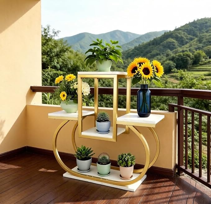 Gold Metal Corner Plant Stand for Indoor & Outdoor Use – Tiered Multi-Tier Flower Pot Holder for Living Room, Bedroom, Balcony – Modern Home Decor Storage Rack With Marble-Patterned Shelves