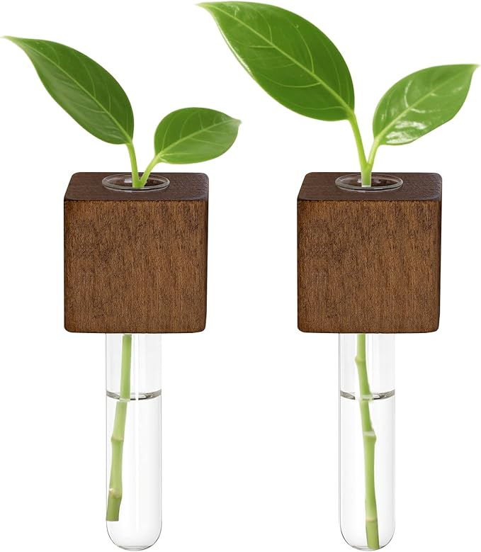 Magnetic Test Tube Flower Vases for Refrigerator, Set of 2 Wooden Fridge Magnet Planters with Glass Tubes – Light & Dark Wood Color, Propagation Station for Hydroponic Display (No Plant Included)
