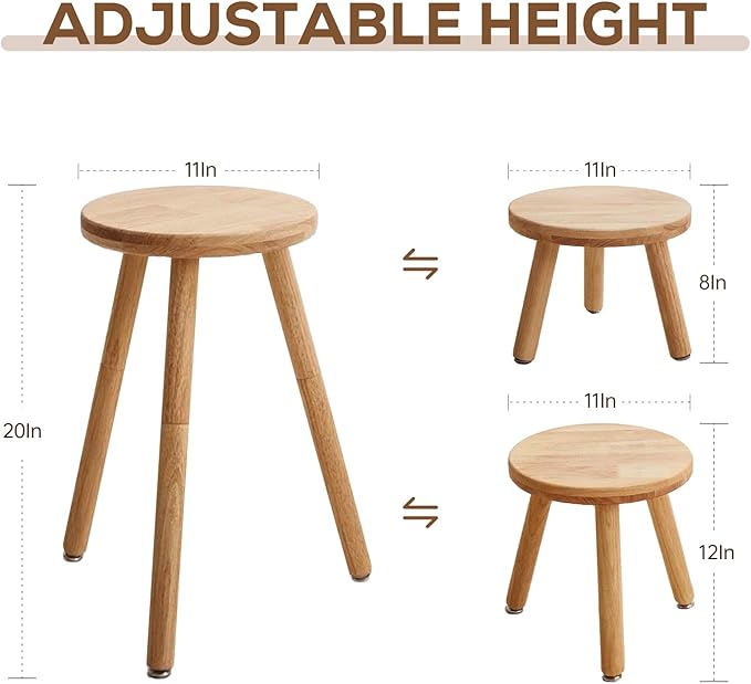 Small Round Side Table Adjustable Height Solid Wood Drink Table Indoor Tall Plant Stand Multi-Use Accent Stool-11‘’D × 20“H (Wood)