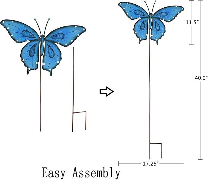 Garden Decor Metal Yard Stakes Spring Lawn Art Decorative Plant Stake Indoor Outdoor Ornaments Decoration for Patio Pathway Backyard (Blue + Green Butterfly)