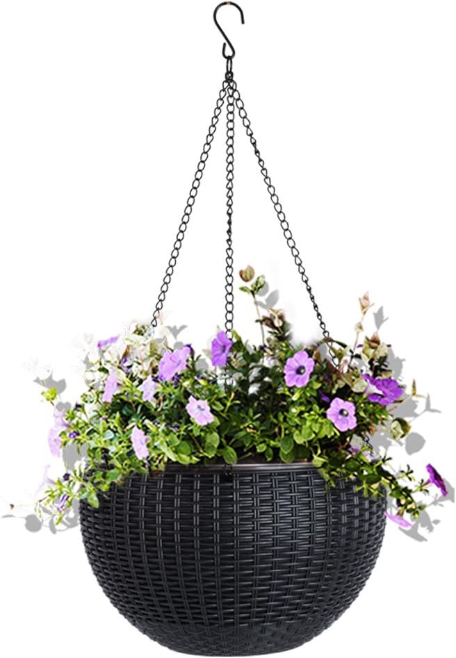 Vencer 11 Inch Round Resin Self Watering Hanging Basket,Water Indicator,Modern Decorative Planter Pot for All House Plants,Black,VF-050B