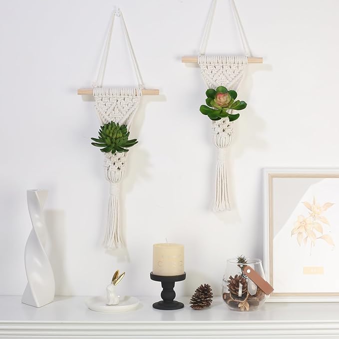 Macrame Wall Hanging Plant Holder with Artificial Succulent, Natural Cotton with Wood Dowel, Boho Wall Decor, Hanging Plants Set of 2 (Succulent 2pcs)