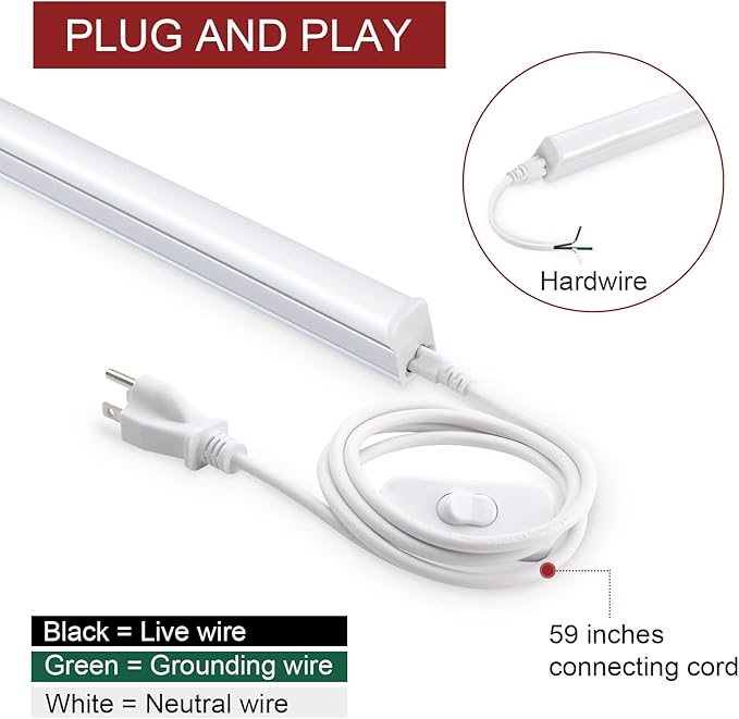 Kihung (Pack of 8 2FT LED Shop Light, 10W 1100LM 4000K Cool White, Under Cabinet Light and LED Ceiling Light, for Room, Corded Electric with Built-in ON/Off Switch