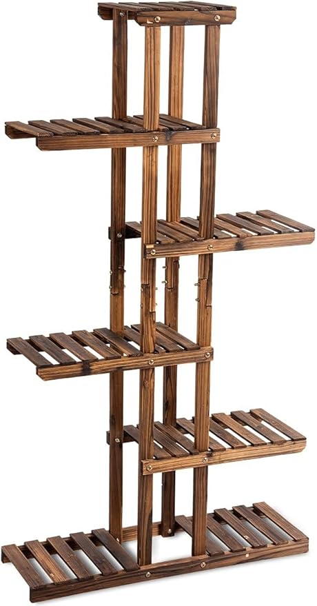 GRAFFY 6 Tier Flower Rack Wood Plant Stand, Flower Pot Holder 7 Shelves, Bonsai Display Shelf with Hollow Design, Multifunctional Storage Rack, Outdoor Indoor Flower Rack for Yard Garden Patio Balcony
