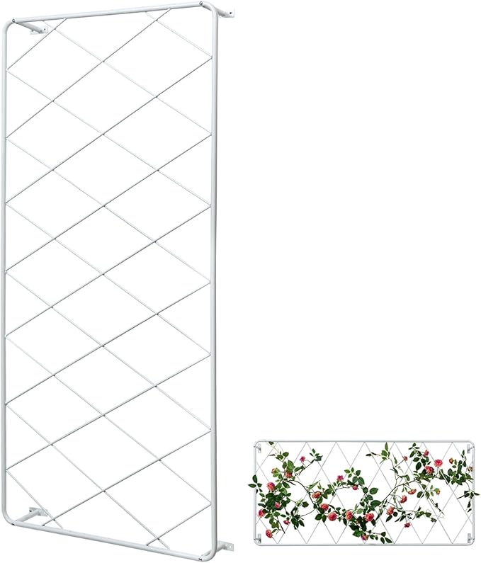MyGift 50 by 24 Inch Single Panel Wall Mounted Garden Trellis with Metal Diamond Screen, Hanging Lattice Support Frame for Outdoor or Indoor Climbing Plant Vines (Matte White, 1 pc)