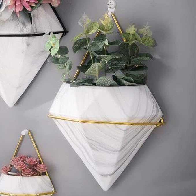 Diamond Wall Planters,Geometric Wall Flower Vases Set,Wall Mounted Plant Holder Vase,Ceramic Air Plants Hanging Holder Pots,Cactus Faux Plant Containers Modern Indoor Decor for Home Office (Golden B)
