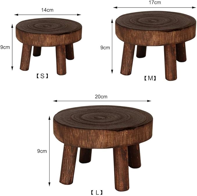 UNIE Mini Wooden Stool Round Garden Flower Display Stand Decorative Short Stool for Indoor Outdoor Office Dining Room, Brown, Small, (200716LY03-1-6767-1046476311)