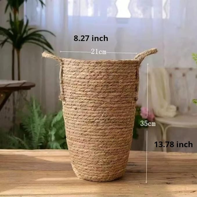 Tall Rattan Woven Planter Basket for Indoor Plants – Grass Flower Pot with Handles & PP Liner, Farmhouse Storage Basket, Multi-Functional Rustic Planter for Home Decor (Medium)