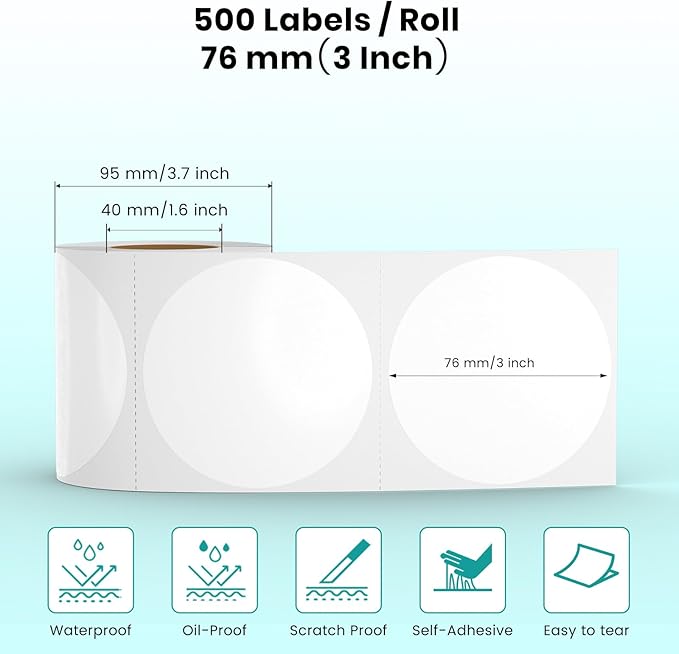 White Circle Thermal Labels Vinyl 3 Inch Self-Adhesive Round Stickers Roll Waterproof Printer Decals Name Tag for QR Code DIY Office Address 500 PCS