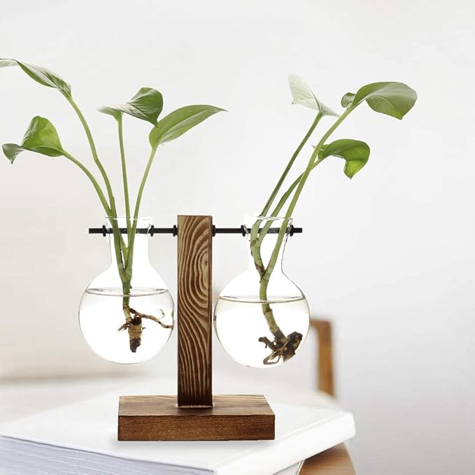 Glass Test Tube Holder in Wooden Stand, Hydroponic Vase, Indoor Desktop Plant Terrarium, Glass Flowerpot with Vintage Wood Frame Holder for Hydroponic Plant Family Garden Wedding Decoration(A3)