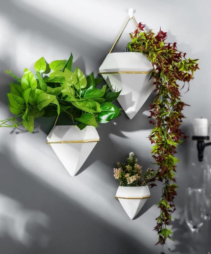 Diamond Wall Planters,Geometric Wall Flower Vases Set,Wall Mounted Plant Holder Vase,Ceramic Air Plants Hanging Holder Pots,Cactus Faux Plant Containers Modern Indoor Decor for Home Office (Golden A)