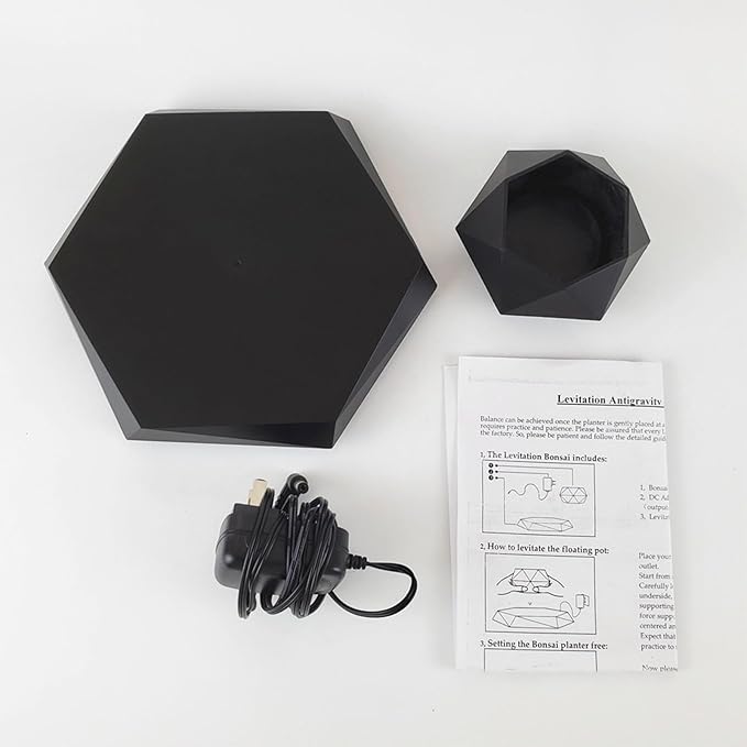 Levitating Plant Pot, Magnetic Levitation Flower Pot,Hexagon Suspension Floating Plant Pot,Automatic 360° Rotation,Magnetic Levitation Suspension Floating Pot(Black)