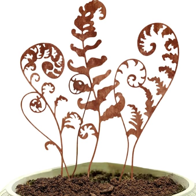 Metal Fowers for Outside,Set of 6 Fern Plants Garden Stakes Decorative Statues,Yard Art Outdoor Plant Decorations for Indoor Potted Plant Pots (Brown)