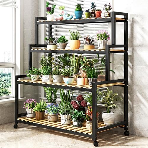 4-Tier Bamboo Plant Stand - Stylish Metal Flower Holder for Indoor Succulents & Houseplants - Multi-Layer Decorative Ladder Shelf for Greenery Storage Solution