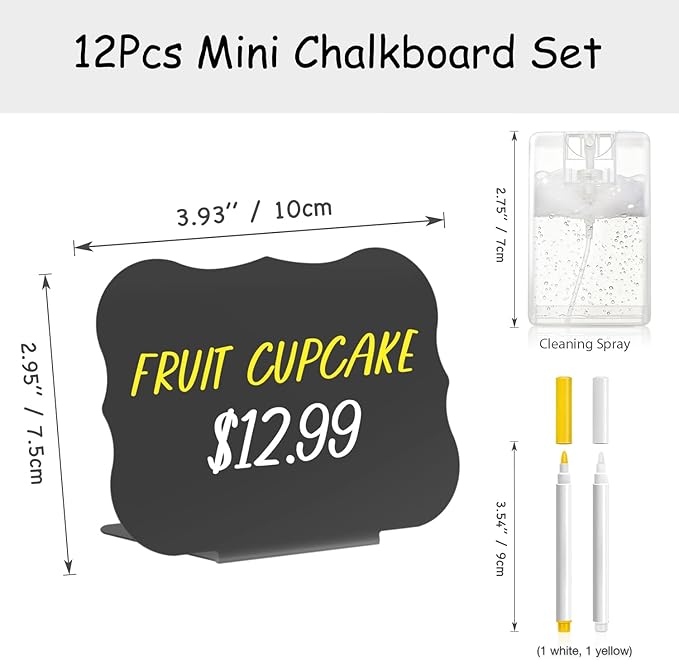 PigPotParty 12 Pcs Food Labels for Party Buffet w/Cleaning Spray, 4"x3" Mini Chalkboard Signs Include 2 Liquid Chalk Markers for Food Display - Food Tags- Table Palce Card (Waved Shape)