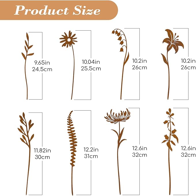 8-Piece Wildflower Garden Stakes – Rustic Hand-Rusted Metal Flower Stakes for Flower Beds, Lawn, Pots, Patio, Outdoor Décor, Yard Art & Plant Decorations
