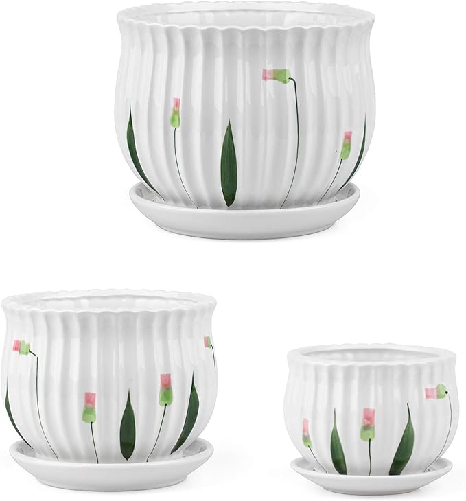 Foraineam Set of 3 Ceramic Plant Pots Small to Large Sized Garden Flower Planter Pot Round Modern Succulent Cactus Containers with Drainage and Saucer