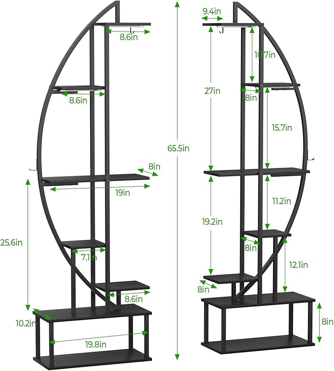 Plant Stand Shelf Indoor with 6 Grow Light, 7 Tiered 65" Tall Black Large Half Moon Lighted Plant Rack Holder, 2 Pack Big High Circular Arch Multi Herb Stand with Built in LED Grow Light Set