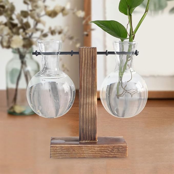 Milisten Hydroponic Glass Planter Vase Accessories with Wooden Stand Clear Borosilicate Glass Indoor Plant Pot Decor 3.94X2.75X2.75In Table Centerpiece Flowerpot