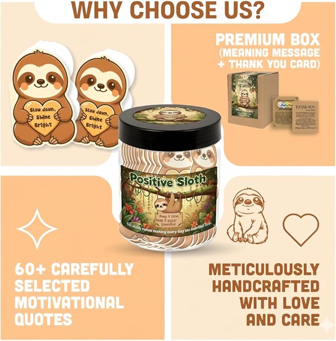 Positive Sloth Jar With 60 Affirmation Cards, Sloth Gifts For Women, Emotional Support Sloth For Stress Relief, Sloth Birthday Decorations, Graduation Sloth Teacher Gifts