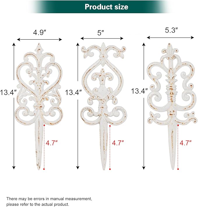 Sungmor Vintage Cast Iron Garden Stakes - 3PCS Ornate Metal Plant Stakes for Yard Art, Patio,Lawn Ornamentation,5.3inch Tall Antique White Finish,Exquisite Garden Decor