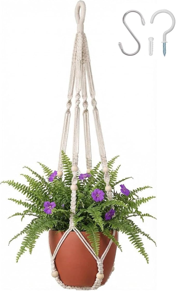 Macrame Plant Hanger 35", No Tassel Hanging Plant Holder, Sturdy Flower Pot Holder with 2 Hooks - Ivory