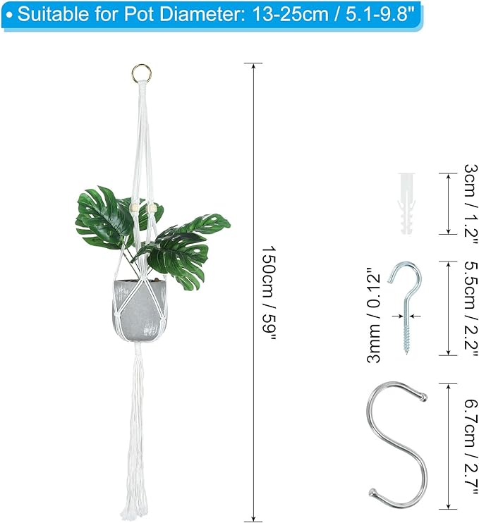 PATIKIL Macrame Hanging Planter, 59 Inch Handmade Hanging Plant Holders Flower Pot Hanger Flower Pot Hanger for Indoor Outdoor Decor, White