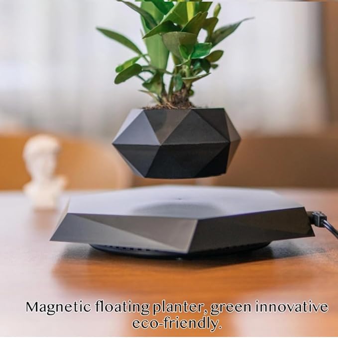 Magnetic Levitating Planter with Geometric Black Design for Home and Office Decorative Display (White)