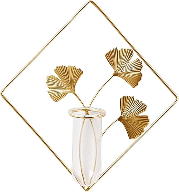 Hanging Gold Wall Decor Flower Tubes Geometric Metal Vase Hydroponic Planter with Leaf Decoration Wall-Mounted Nordic Vase for Displaying Dried Flowers & Fake Flowers (Diamond)