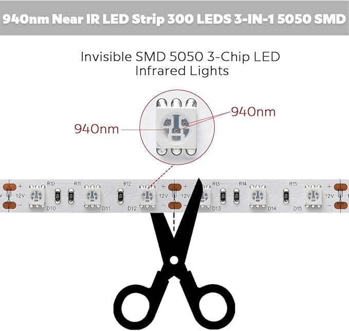 Zero Red Glow 940nm IR LED Strip - 12V 72W 5M/16.4Ft Flexible Tape IP20 Non-Waterproof Cuttable for Night Vision Photography & Infrared Light Therapy (940nm, 300 LEDs, 5050 SMD)