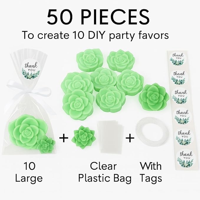 DIY Succulent Shaped Soap Favor Kit – 20 Green Cactus Blossom Scented Soaps with 10 Thank You Stickers, 10 Clear Cello Bags, and White Ribbons – Perfect for Baby Showers, Bridal Showers, Wedding