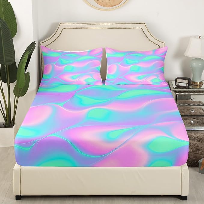 Feelyou Kid’s Bed Sheet Set Girls Chic Bright Colorful Abstract Soft Twin Bedding Set, 1 Flat Sheet,1 Deep Pocket Fitted Sheet, and 1 Pillow Case, Super Soft Easy Care, Teens Women Bedroom Decor