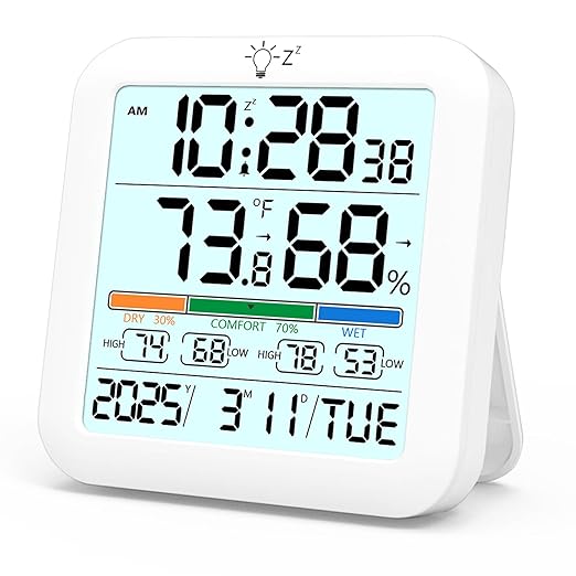 Mini Digital Indoor Thermometer Hygrometer Clock, Room Temperature Humidity Monitor with Calibration, Backlight, Air Comfort Indicator, 24H Max Min Record, Time, Alarm for Home (Size：3.2"x 3.2")