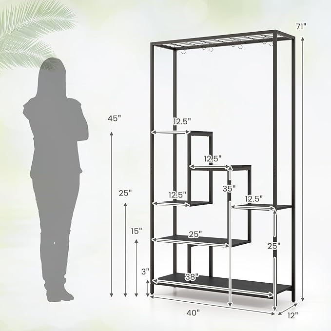 6-Tier Plant Stand Indoor, 70.9" Tall Plant Stand with 10 S Hanging Hooks, Metal Plant Shelf Corner Plant Stands for Indoor Plants, Garden, Balcony, Living Room (Black)