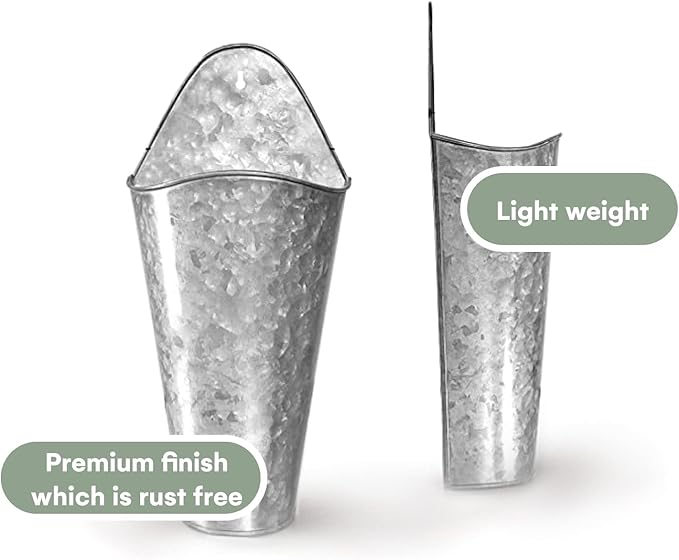 Galvanized Wall Planters - Two (2) Large Premium. Farmhouse Metal Hanging Vase. Rustic Decor. Tall Container for Easter Flowers or Planets. Tin Style Bucket or Pocket
