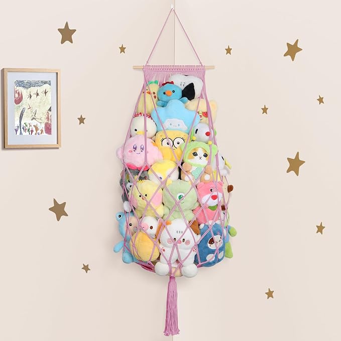 Stuffed Animals Storage Hammock Corner, 70 Inch Jumbo Macrame Plushie Net for Stuffed Animals Organizer, Wall Ceiling Hanging Stuffy Hammock Holder for Kid Boho Nursery Decor Gift (Pink)