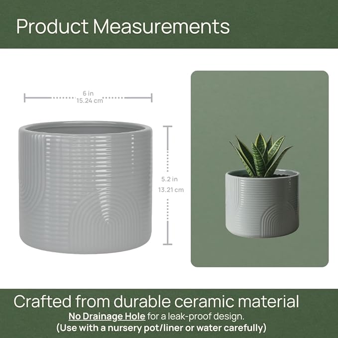 6 Inch Ceramic Plant Pot – Decorative Indoor Planter (No Drainage Hole) for Succulents, Herbs & Houseplants – Modern Tabletop Desk Planter – Stone Gray