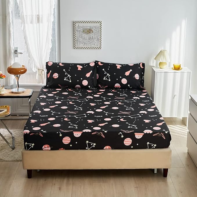 Kids Outer Space Galaxy Sheet Set Queen Girls Universe Planet Printed Bedding Set Super Soft Moon Starry Sky Bed Sheet Set Stars Constellation Sheets with Deep Pocket Fitted Sheet Pink Black