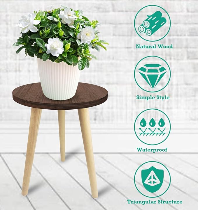 10IN Tall Plant Stand Holder for Indoor Planters, Mid Century Small Round Wood Table for Living Room Corner Floor